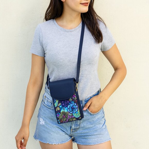 Sishka Ladies Blue Printed Nylon & Leather Trim Crossbody Sling Phone Wallet - Picture 2 of 9